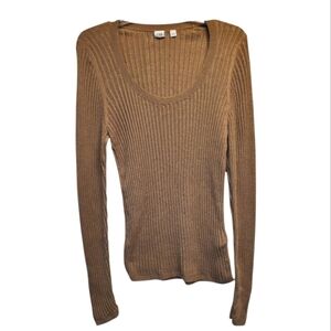 Womens GAP Brown Heather Ribbed Crew Neck Long Sleeved Sweater - Size L